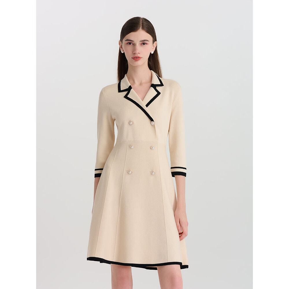 Goelia Fitted Double Breasted V-Neck Mini Dress Cream Black Trim Women's US 8
